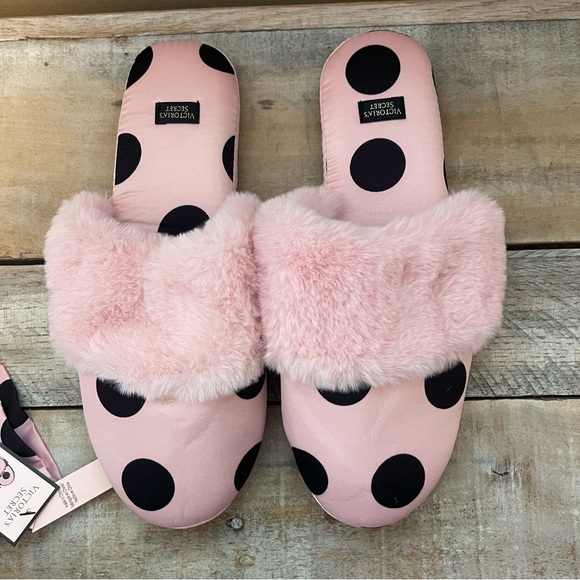 Victoria's Secret Signature Satin Slippers Polka Dot with Faux Fur - Picture 11 of 11